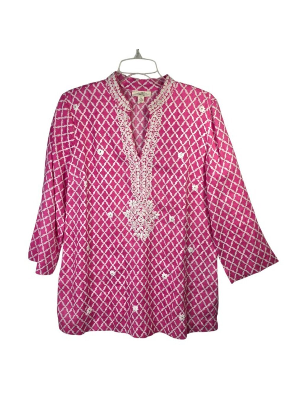 Charter Club Linen Tunic Top Womens Medium Pink Embroidered Boho Resort Festive